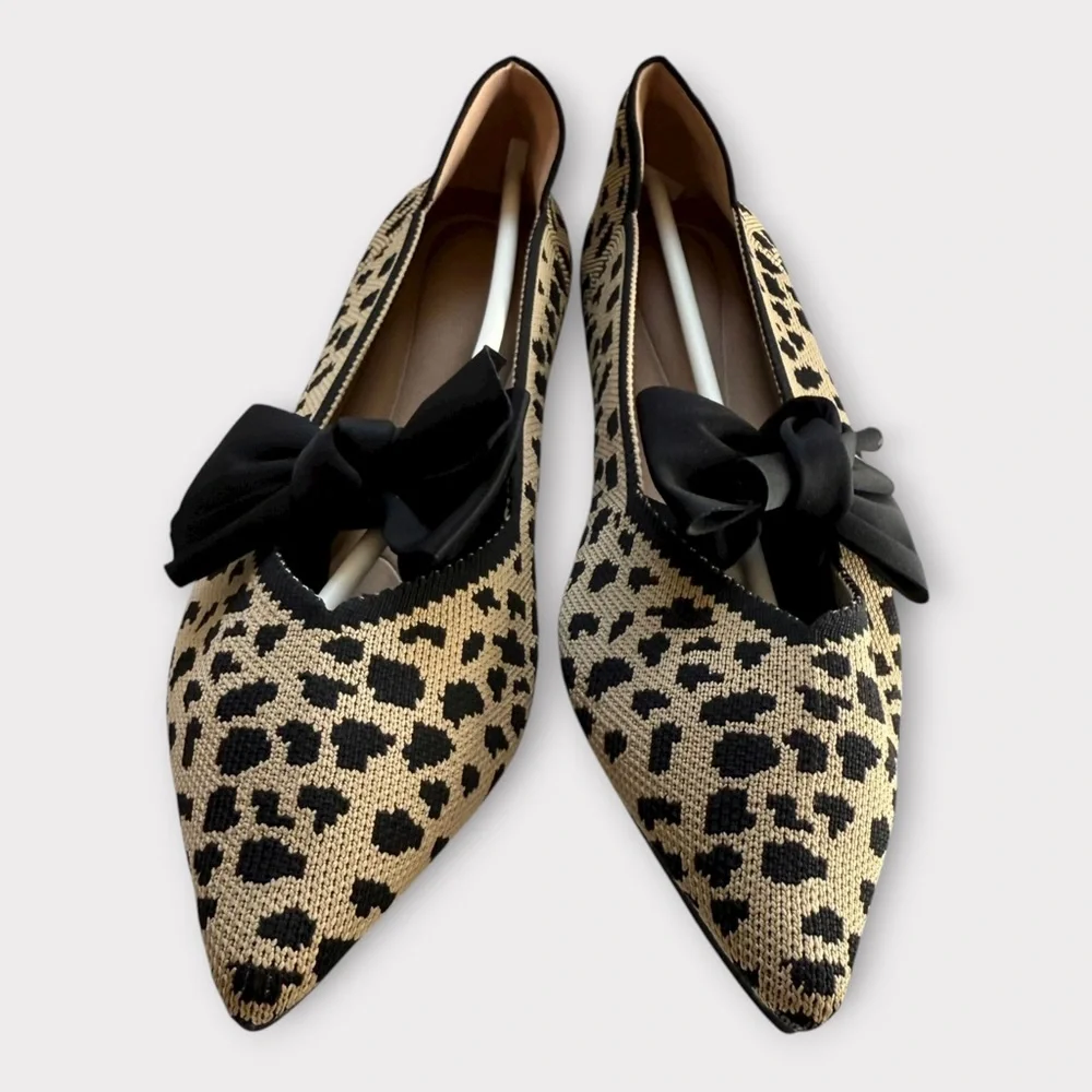 New! Breathable Mesh Knit Ballet Flat Bow Pointed Toe Slip On Leopard Shoes